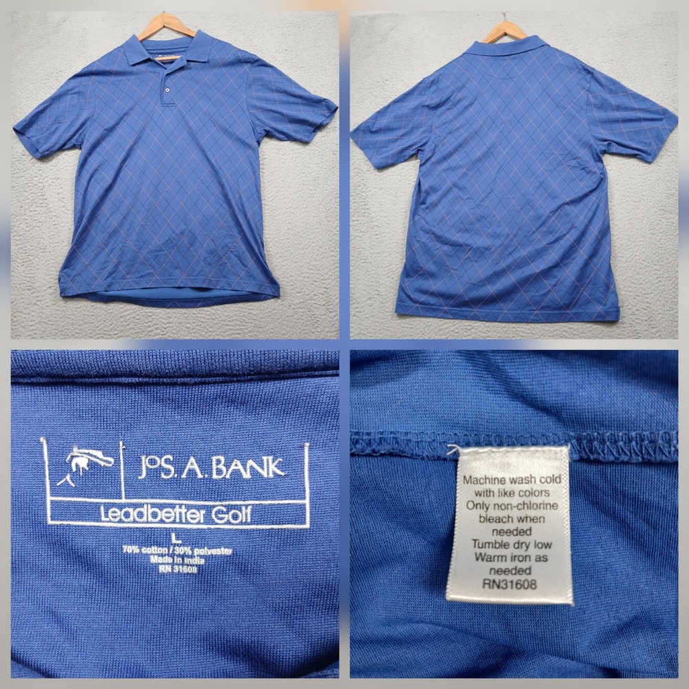 Jos A Bank Leadbetter Golf Polo Shirt Men's L Blue Argyle Short Sleeve‎